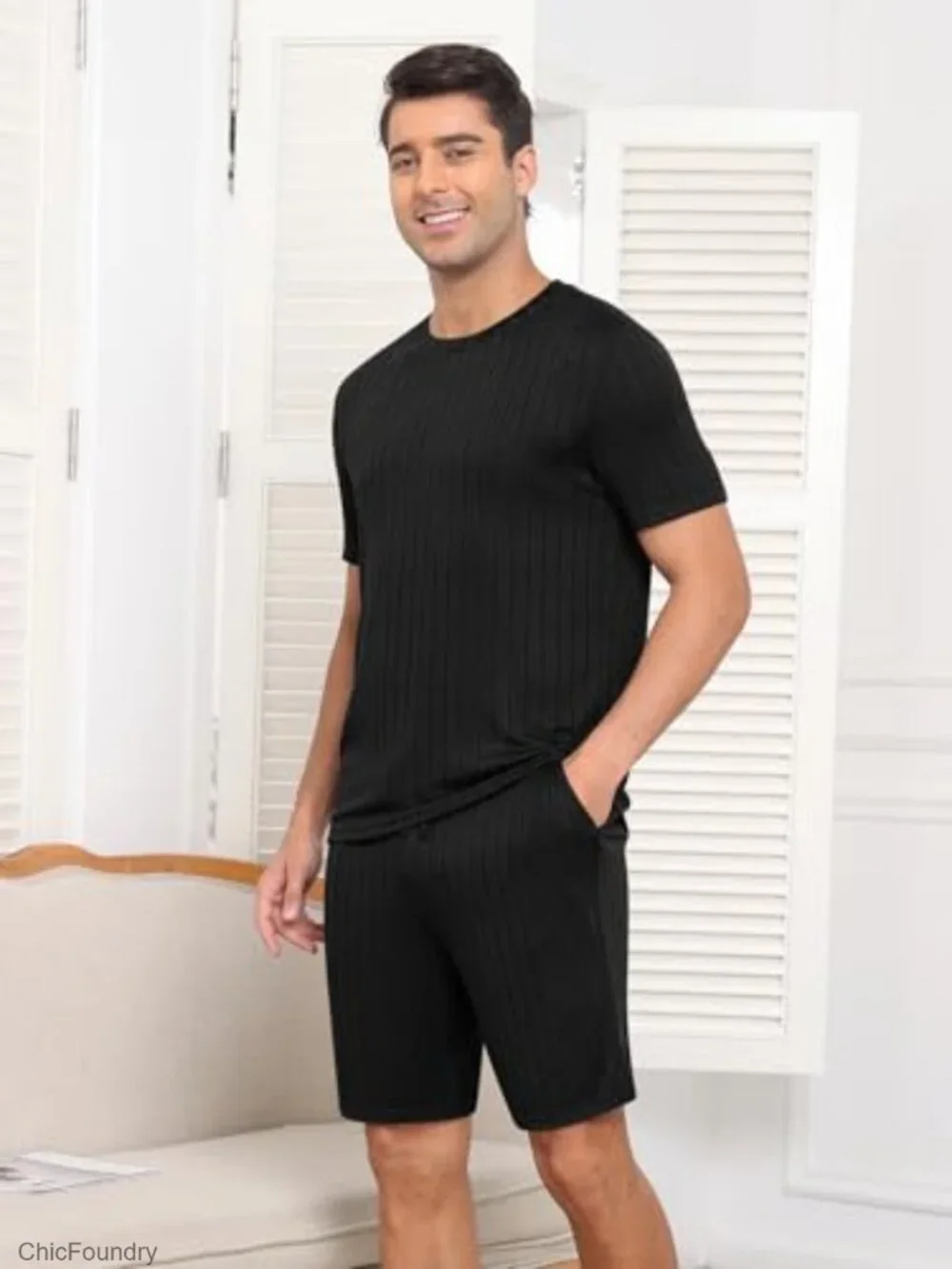 Men's Knit Pajama Set, 2 Piece Crewneck Tee & Shorts, Lightweight Stretch